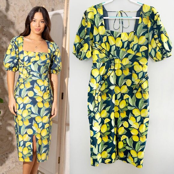 Hope & Ivy Dresses & Skirts - Hope & Ivy Lemon Print Puff Sleeve Midi Dress Mediterranean Cottagecore Size 14